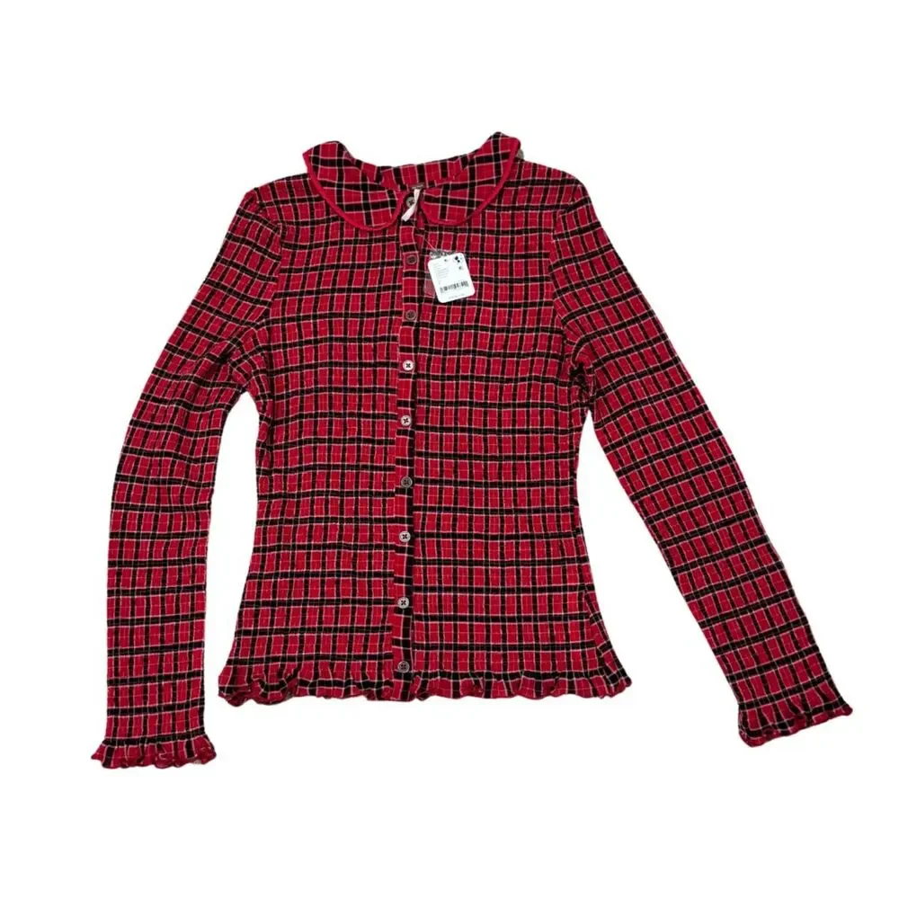 Free People Caught A Feeling Cardi Blouse – Red Combo, L, NWT